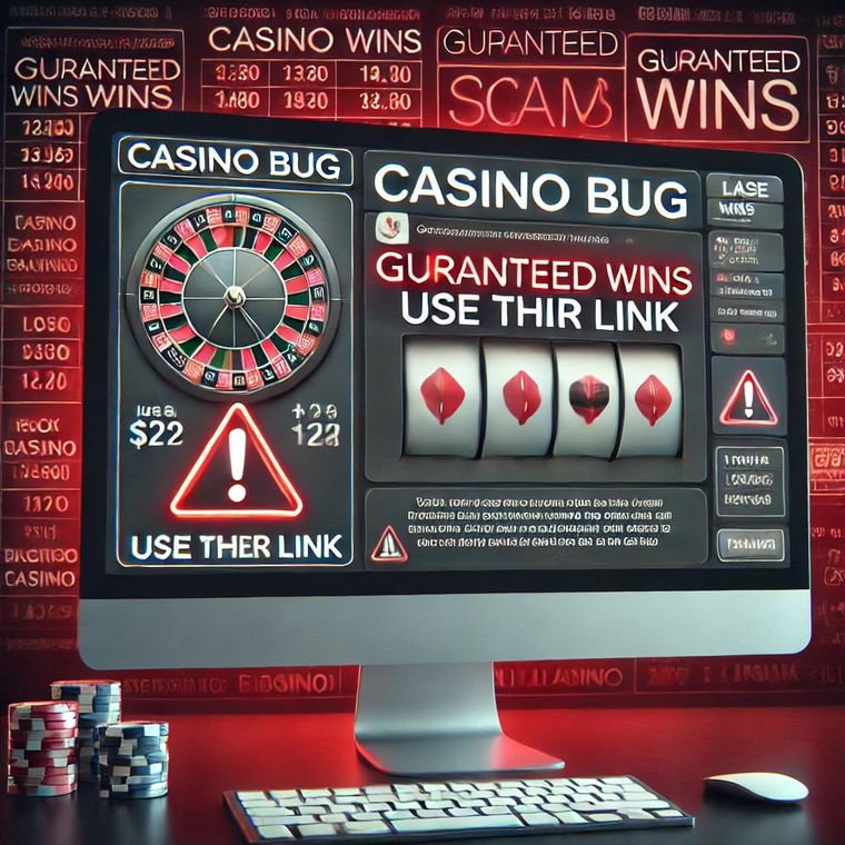 Illustration d'un écran de casino en ligne présenté comme contenant une faille exploitable, avec un signe d'avertissement.