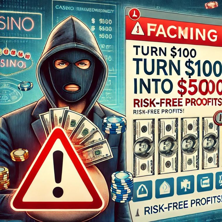 Illustration d'une offre de placement promettant un rendement mensuel garanti adossé à des gains de casino.