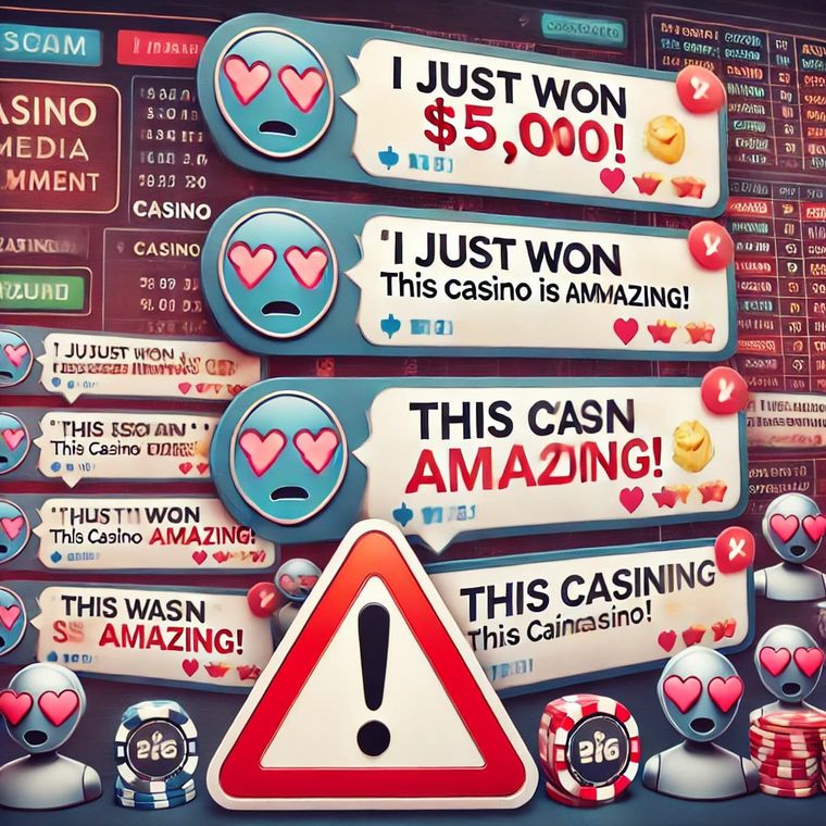 Illustration de comptes automatisés publiant des commentaires enthousiastes identiques sur un casino.